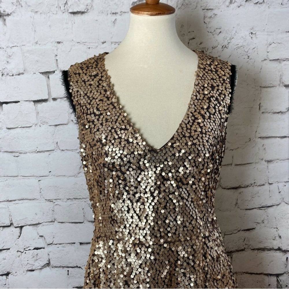 Lanette Lepore Gold Sequin V Neck Leo mini Pocketed Dress Exposed Zipper sz 12
